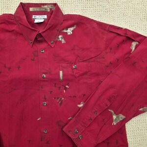 Columbia River Lodge Button Up Shirt Duck Print Outdoors Hunting Red Mens Medium